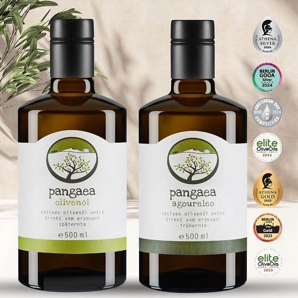 Pangaea extra natives Olivenöl und Agoureleo aus Griechenland, in 500ml dunkle Glasflaschen mit speziellem Verschluss und Ausgießer, und Auszeichnungen